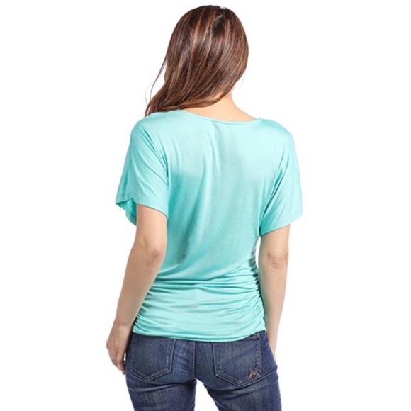 💥 CLEARANCE Ruched Sides Dolman Sleeve Drapey Knit Top Aqua - Picture 2 of 2